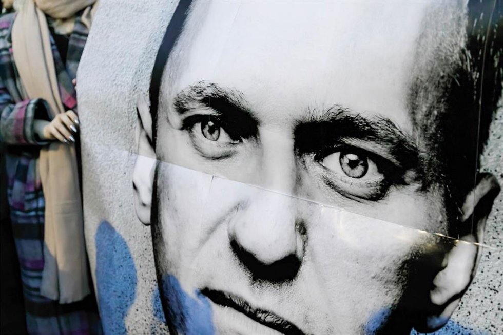 February 16, 2024, Warsaw, Poland: A poster with the portrait of Alexei Navalny is seen in front of the building of the Russian Federation embassy in Warsaw after the news that the politician Alexei Navalny died in prison. The Administration of the Fede