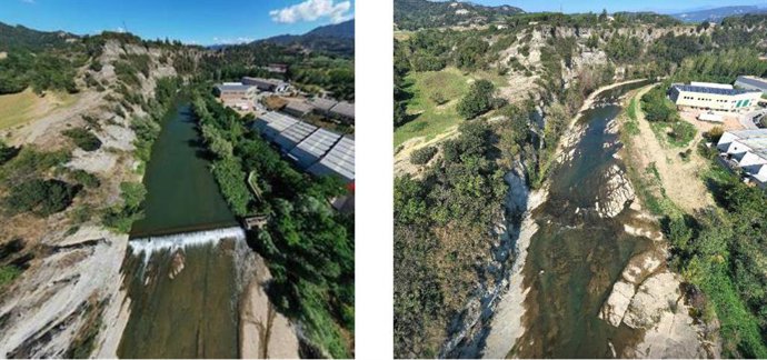 El antes y el después de la actuación de retirada de la esclusa de Matabosch en el río Ter en Torelló (Barcelona)