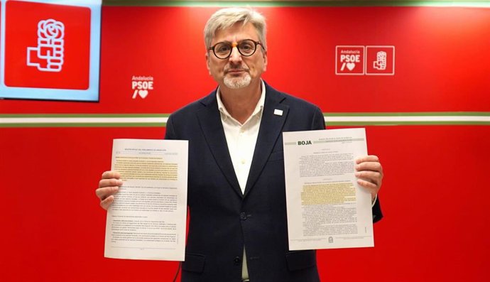 El secretario de Comunicación Política y portavoz adjunto del PSOE-A, Josele Aguilar, en rueda de prensa en Málaga.