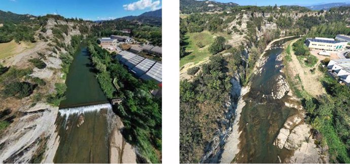 L'abans i el després de l'actuació de retirada de la resclosa de Matabosch al riu Ter a Torelló (Barcelona)