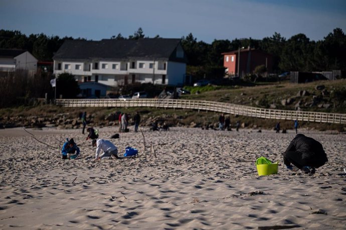 Archivo - Voluntarios hacen una recogida de pellets de la arena, Galicia, a 7 de enero de 2024, en A Coruña, Galicia.