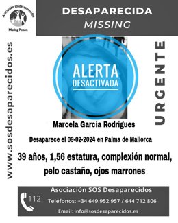 Cartel con la alerta desactivada de la desaparición de la mujer de 39 años en Palma