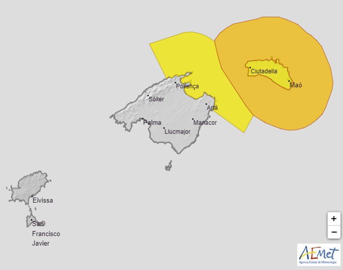 Imagen de los avisos activos en Baleares para este martes 20 de febrero.