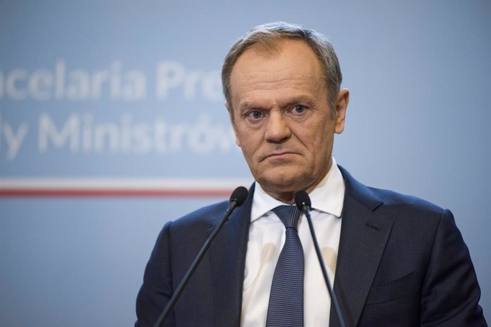 February 19, 2024, Warsaw, Poland: Polish prime minister Donald Tusk speaks at a press conference with PM Ulf Kristersson in Warsaw. The Swedish Prime Minister Ulf Kristersson visited Poland and met with Donald Tusk, Poland's PM. The prime ministers talke