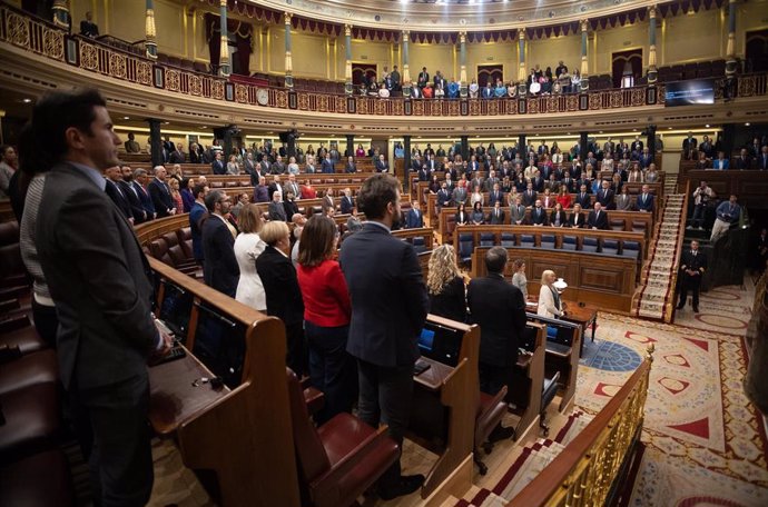 Diputados guardando un minuto de silencio en el hemciclo 