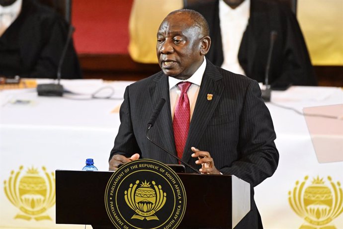 CAPE TOWN, Feb. 9, 2024  -- South African President Cyril Ramaphosa delivers his 2024 State of the Nation Address in Cape Town, the legislative capital of South Africa, Feb. 8, 2024. Ramaphosa said on Thursday that an end to frequent load shedding -- a lo