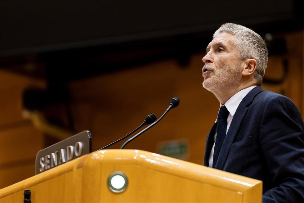 El ministro del Interior, Fernando Grande-Marlaska, interviene durante una sesión plenaria en el Senado, a 20 de febrero de 2024, en Madrid (España). Durante el pleno se han abordado cuestiones como las muertes de los agentes en Barbate, además de las m