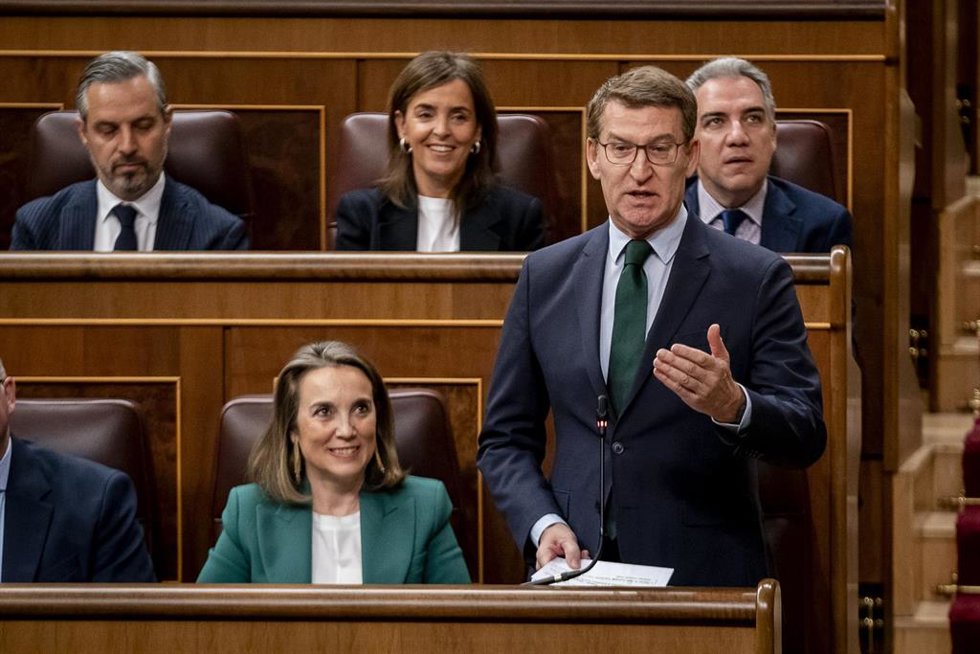 El presidente nacional del PP, Alberto Núñez Feijóo, interviene durante la sesión plenaria en el Congreso de los Diputados, a 21 de febrero de 2024, en Madrid (España). En la segunda Sesión de Control del 2024, el Gobierno se somete a las preguntas de l