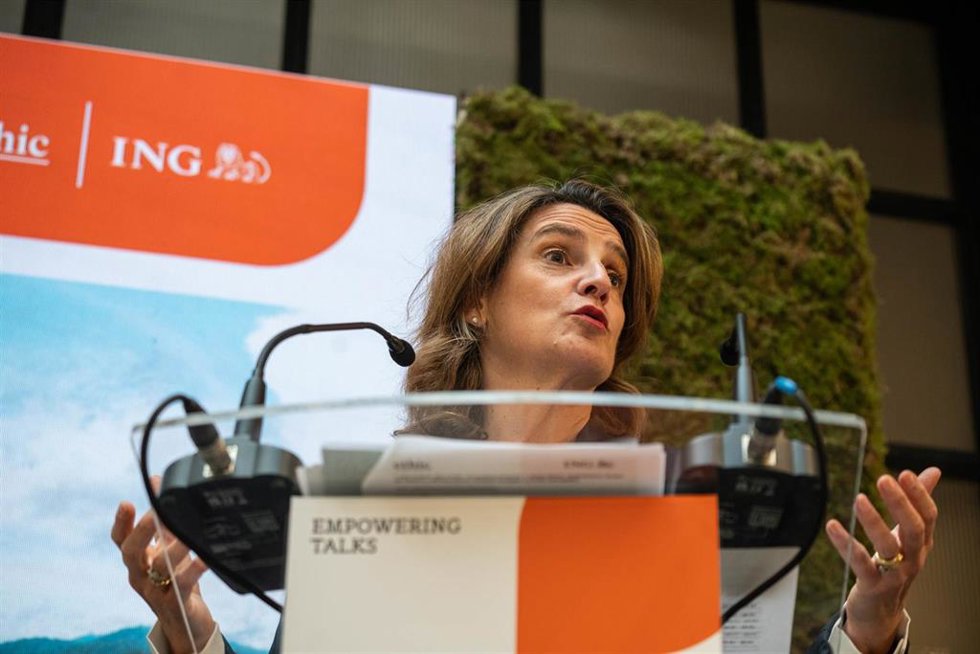 La vicepresidenta tercera del Gobierno y ministra para la Transición Ecológica y el Reto Demográfico, Teresa Ribera, interviene durante unas jornadas sobre finanzas sostenibles, en el Espacio Larra, a 21 de febrero de 2024, en Madrid (España). El acto e
