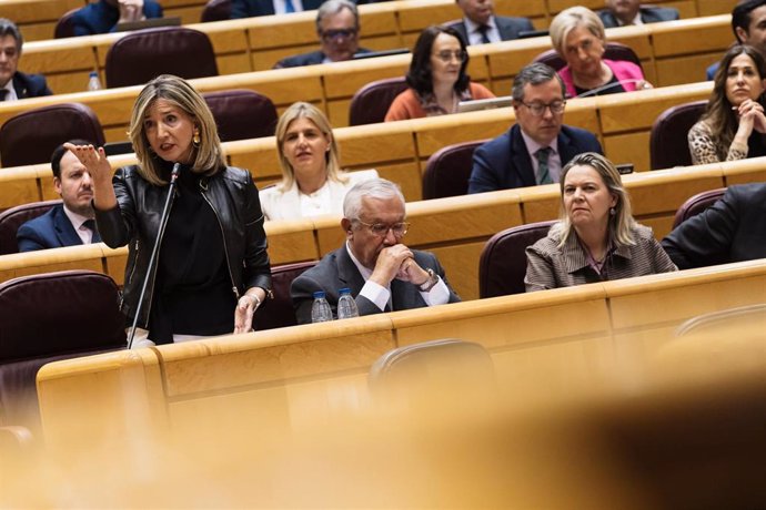 La portavoz del Partido Popular en el Senado, Alicia García Rodríguez, interviene durante una sesión plenaria en el Senado, a 20 de febrero de 2024, en Madrid (España). Durante el pleno se han abordado cuestiones como las muertes de los agentes en Barbate