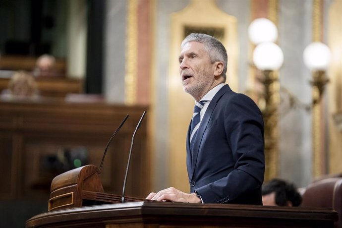 El ministro del Interior, Fernando Grande-Marlaska, interviene durante la sesión plenaria en el Congreso de los Diputados