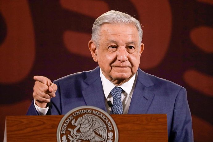 February 14, 2024, Mexico City, Cdmx, Mexico: February 14, 2024, Mexico City, Mexico: Mexico's President,  Andres Manuel Lopez Obrador, gesticulates while speak during his briefing conference  at the National Palace.