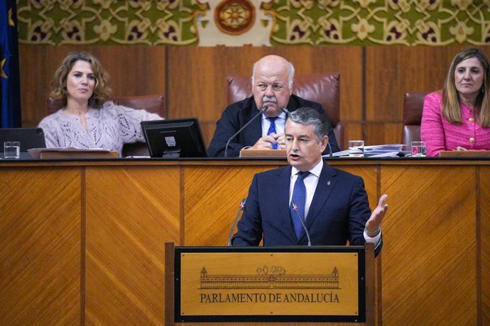 El consejero de la Presidencia, Interior, Diálogo Social y Simplificación Administrativa, Antonio Sanz, interviene en el Pleno del Parlamento andaluz.