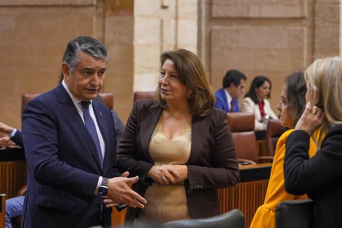 Los consejeros de la Presidencia, Interior, Diálogo Social y Simplificación Administrativa, Antonio Sanz, y de Agricultura, Pesca, Agua y Desarrollo Rural, Carmen Crespo, en el Pleno del Parlamento andaluz.