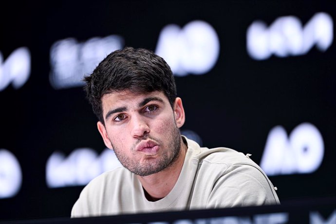 Carlos Alcaraz during a press conference during the Australian Open AO 2024 Grand Slam tennis tournament on January 24, 2024 at Melbourne Park in Melbourne, Australia. Photo Victor Joly / DPPI