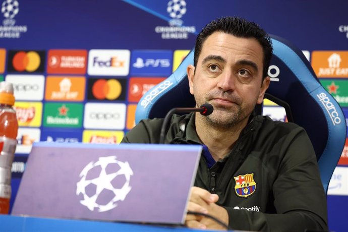 FC Barcelona coach Xavi Hernandez attends a press conference at Diego Armando Maradona stadium