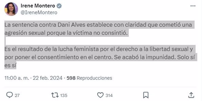 Mensaje de Irene Montero.