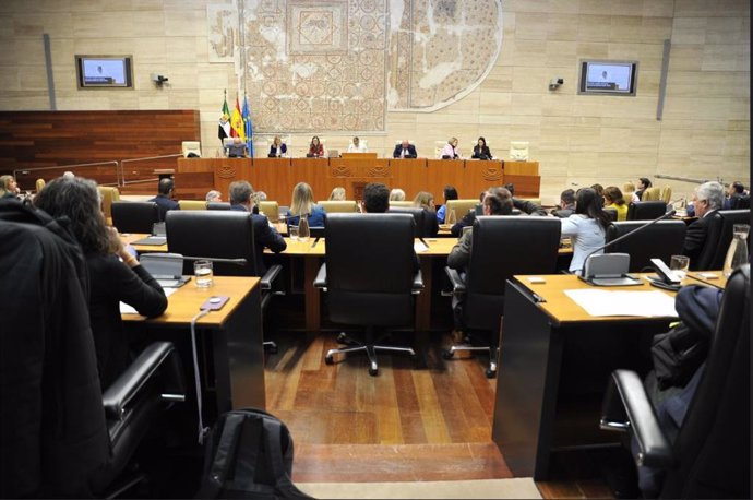 La presidenta de la Asamblea de Extremadura, Blanca Martín, lee la declaración institucional