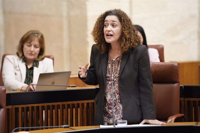 La portavoz del Grupo Por Andalucía, Inmaculada Nieto, durante su intervención en la sesión de control de este jueves 22 de febrero.