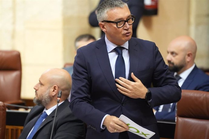 El portavoz del Grupo Parlamentario Vox, Manuel Gavira, durante su intervención en la segunda jornada del Pleno del Parlamento andaluz. A 22 de febrero de 2024, en Sevilla (Andalucía, España). Segunda jornada de Pleno con la Sesión de Control al Gobiern