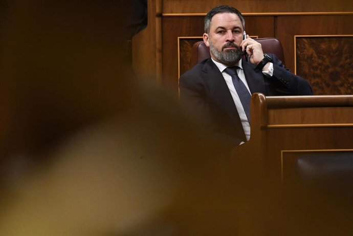 El presidente de Vox, Santiago Abascal, durante una sesión plenaria en el Congreso de los Diputados, a 6 de febrero de 2024, en Madrid (España).