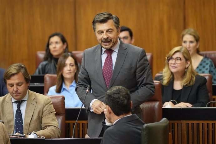 El portavoz del GrupoPopular, Toni Martín, este jueves durante su pregunta al presidente de la Junta de Andalucía, Juanma Moreno.