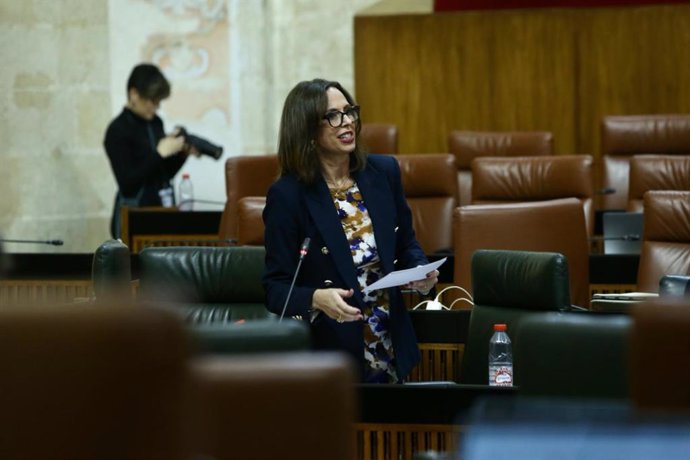 La consejera de Fomento, Articulación del Territorio y Vivienda, Rocío Díaz, en el pleno del Parlamento andaluz.
