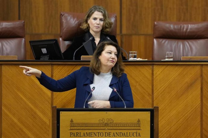 La consejera de Agricultura, Pesca, Agua y Desarrollo Rural, Carmen Crespo, durante su intervención en la sesión plenaria. A 22 de febrero de 2024, en Sevilla (Andalucía, España).  