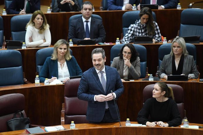 El consejero de Cultura, Turismo y Deporte, Mariano de Paco, interviene durante un pleno en la Asamblea de Madrid.