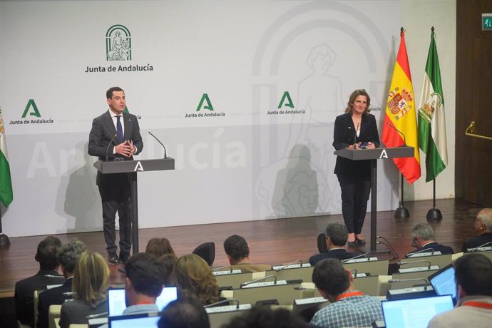 El presidente de la Junta de Andalucía, Juanma Moreno, y la vicepresidenta y ministra Teresa Ribera, este jueves durante su comparecencia en el Palacio de San Telmo.