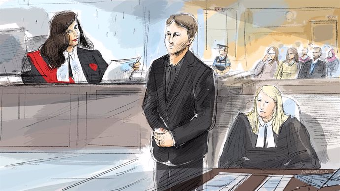 Archivo - November 16, 2023, Windsor, On, CANADA: Justice Renee Pomerance, left to right, Nathaniel Veltman, and Crown Prosecutor Kim Johnson are seen as the verdict is read in the Superior Court of Justice in Windsor, Ont., in a courtroom sketch made on 