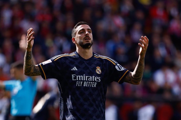 Joselu Mato of Real Madrid laments during the Spanish League, LaLiga EA Sports, football match played between Rayo Vallecano and Real Madrid at Estadio de Vallecas on February 18, 2024 in Madrid, Spain.