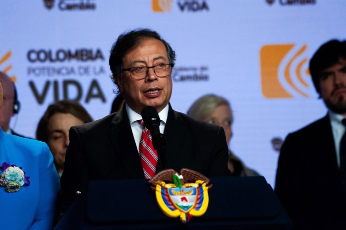 February 8, 2024, Bogota, Cundinamarca, Colombia: Colombian president Gustavo Petro speaks during a press conference, after a meeting with the United Nations Security Council regarding the advancements made on Colombia's 2016 peace process and the new ong
