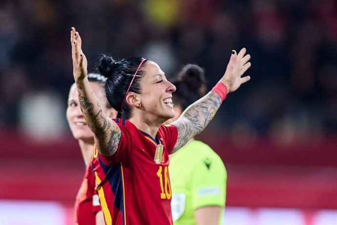 Jennifer Hermoso of Spain celebrates a goal during the semifinal UEFA Womens Nations League match played between Spain and Netherlands at La Cartuja stadium on February 23, 2024, in Sevilla, Spain.