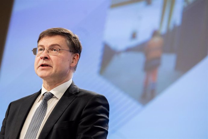 HANDOUT - 24 January 2024, Belgium, Brussels: European Executive Vice President and Commissioner for Economy and Trade Valdis Dombrovskis gives a press conference on the Economic Security package.