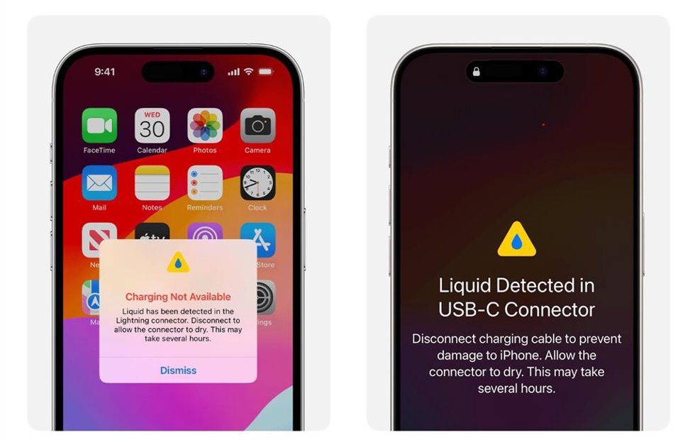 Notificación de alerta cuando se identifica líquido en el iPhone.