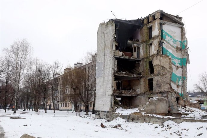 January 24, 2024, Borodianka, Kyiv Region, Ukraine: KYIV REGION, UKRAINE - JANUARY 24, 2024 - A multi-storey building destroyed by Russian shelling on Tsentralna Street of Borodianka, Kyiv region, north-central Ukraine.
