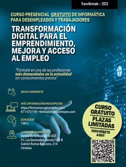 Cartel del curso de UGT y el Imdeec con formación gratuita en IA y digitalización para trabajadores y desempleados.