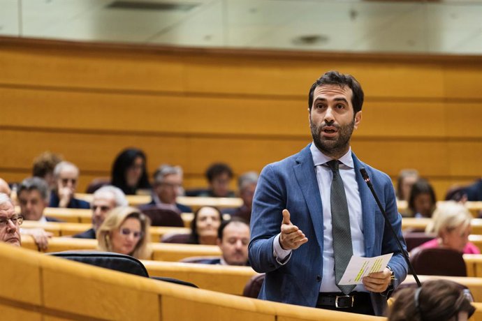 El ministro de Economía, Comercio y Empresa, Carlos Cuerpo, interviene durante una sesión plenaria en el Senado, a 20 de febrero de 2024, en Madrid (España). Durante el pleno se han abordado cuestiones como las muertes de los agentes en Barbate, además 