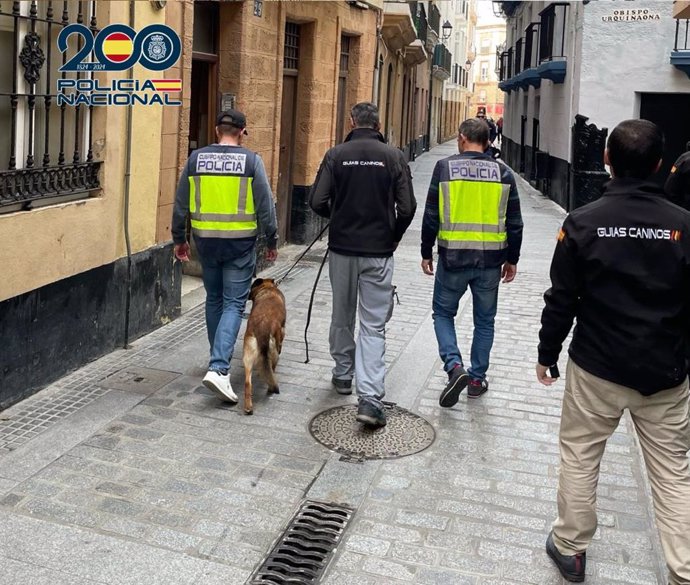 Agentes de la Policía Nacional en el centro de Cádiz antes del registro en una vivienda usada como punto de venta de droga.