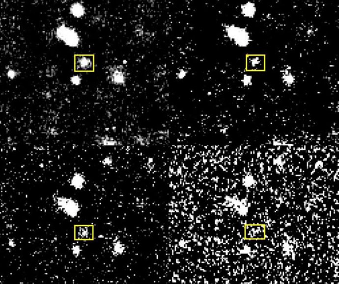Esta imagen compuesta muestra las imágenes azules (filtro B) obtenidas el 9 de enero (arriba a la izquierda), el 12 (arriba a la derecha), el 15 (abajo a la izquierda) y el 19 (abajo a la derecha) de enero de 2000, respectivamente.