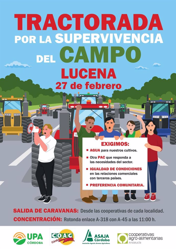 Cartel de la 'Tractorada por la supervivencia del campo' que celebrarán las OPA en Lucena este martes 27 de febrero.