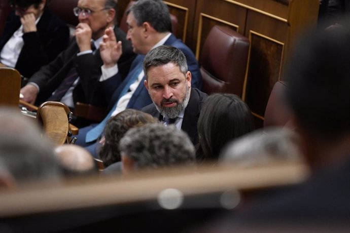 El presidente de Vox, Santiago Abascal, durante una sesión plenaria, en el Congreso de los Diputados.