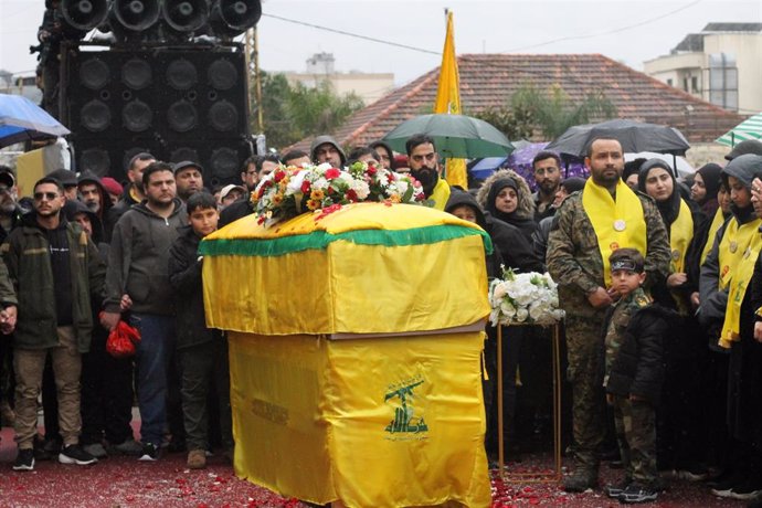 NABATIEH (LEBANON), Feb. 16, 2024  -- Supporters attend the funeral of a commander of Hezbollah's Radwan Forces, Ali Muhammad Aldbas, killed in an Israeli drone attack, in Nabatieh, Lebanon, on Feb. 16, 2024. The Israel Defense Forces (IDF) announced on T
