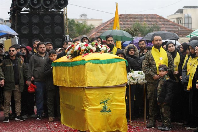 NABATIEH (LEBANON), Feb. 16, 2024  -- Supporters attend the funeral of a commander of Hezbollah's Radwan Forces, Ali Muhammad Aldbas, killed in an Israeli drone attack, in Nabatieh, Lebanon, on Feb. 16, 2024. The Israel Defense Forces (IDF) announced on