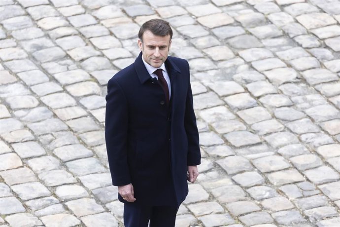 February 19, 2024, Paris, France, France: Paris, France February 19, 2024 - Prise d Armes military ceremony in the main courtyard of the Hotel des Invalides. To mark the occasion, the President of the French Republic presented decorations to twelve servic