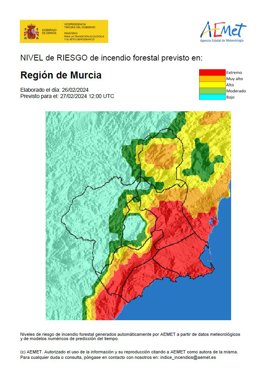El nivel de riesgo de incendio forestal es extremo o muy alto este martes en la mayor parte de la Región de Murcia