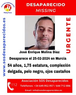 Alerrta distribuida por SOS Desaparecidos por la desaparición de un hombre de 54 años, de nombre José Enrique Molina Díaz, del que no se tienen noticias desde este domingo, 25 de febrero