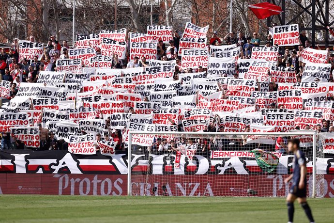 Supporters of Rayo Vallecano are seen with a protest banner during the Spanish League, LaLiga EA Sports, football match played between Rayo Vallecano and Real Madrid at Estadio de Vallecas on February 18, 2024 in Madrid, Spain.