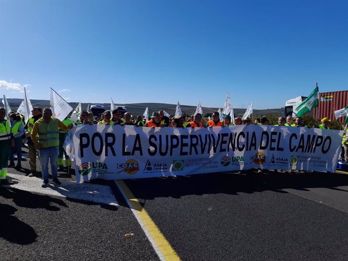 Los agricultores concentrados en la A-45, que mantienen cortada a la altura de Lucena, 'Por la supervivencia del campo'.